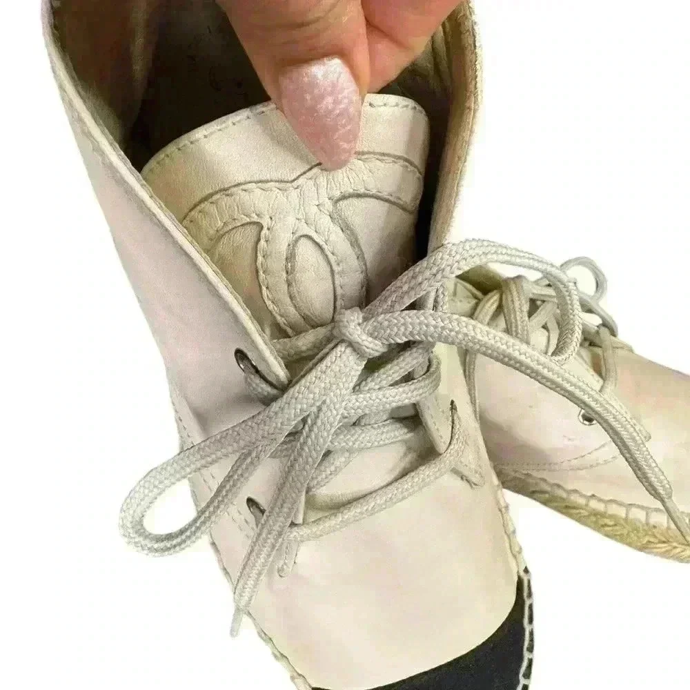 Chanel Beige/Black Lambskin Leather High Top Espadrilles Shoes.